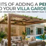Pergola in a Dubai villa garden with poolside seating and shade