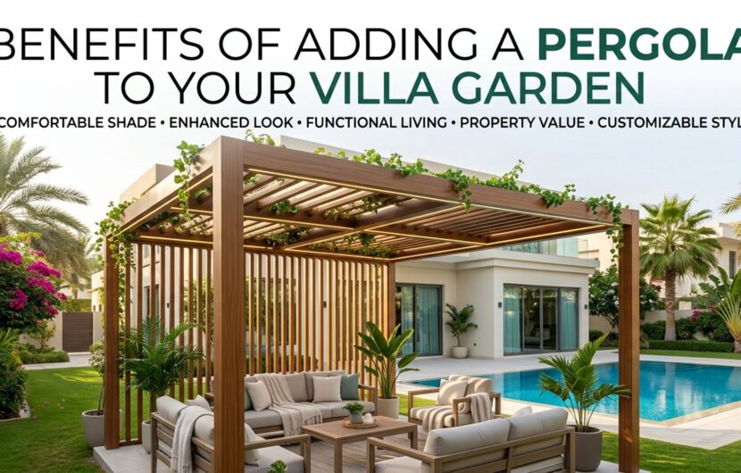 Pergola in a Dubai villa garden with poolside seating and shade