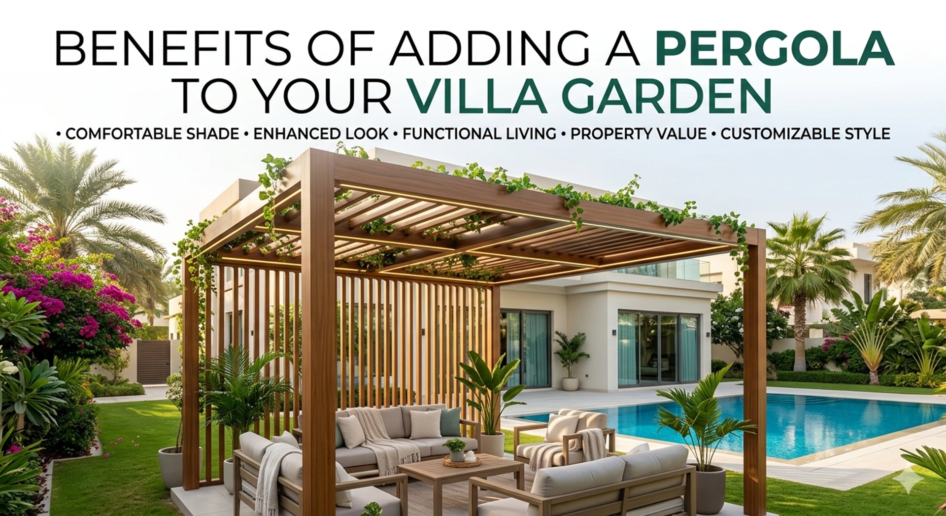 Pergola in a Dubai villa garden with poolside seating and shade