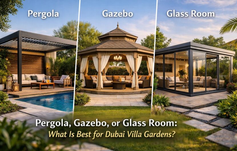 Pergola, gazebo and glass room in a modern Dubai villa garden