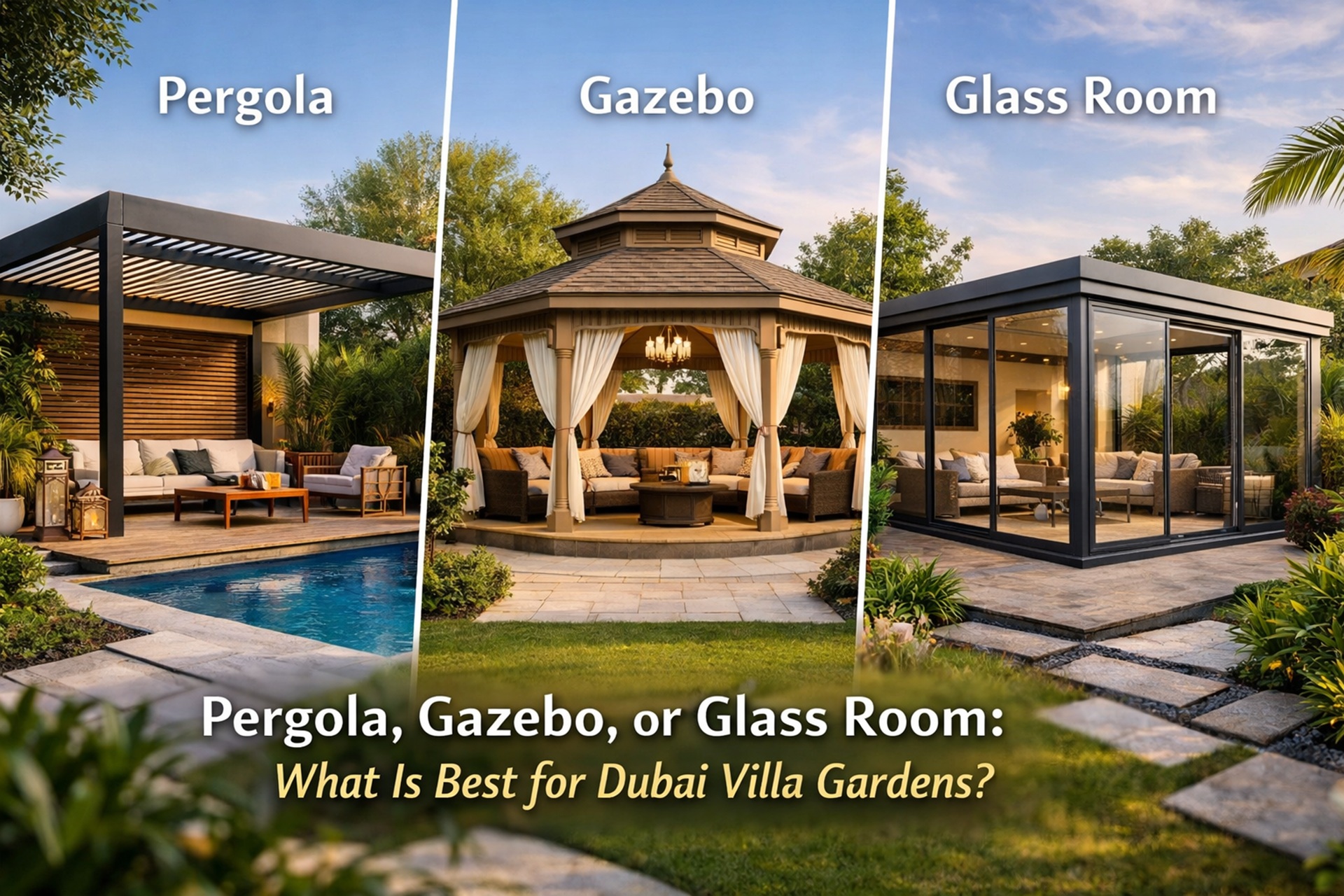 Pergola, gazebo and glass room in a modern Dubai villa garden