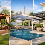 Luxury villa pergola designs in Dubai featuring wooden, aluminium, and modern outdoor structures