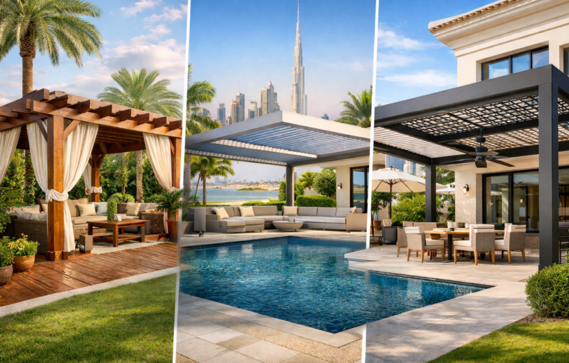 Luxury villa pergola designs in Dubai featuring wooden, aluminium, and modern outdoor structures