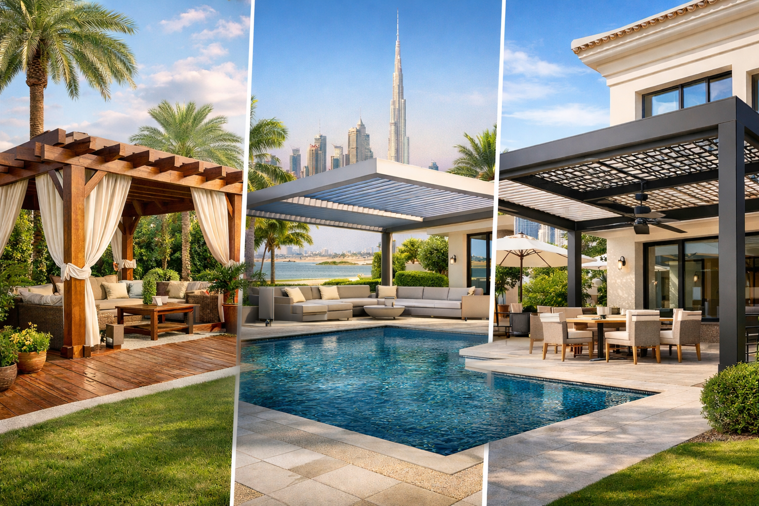 Luxury villa pergola designs in Dubai featuring wooden, aluminium, and modern outdoor structures