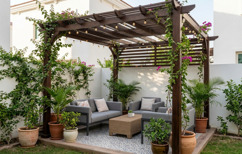 A stylish dark wood pergola installed in a small villa garden in Dubai, featuring a compact seating area with gray sofas, potted plants, and decorative string lights.