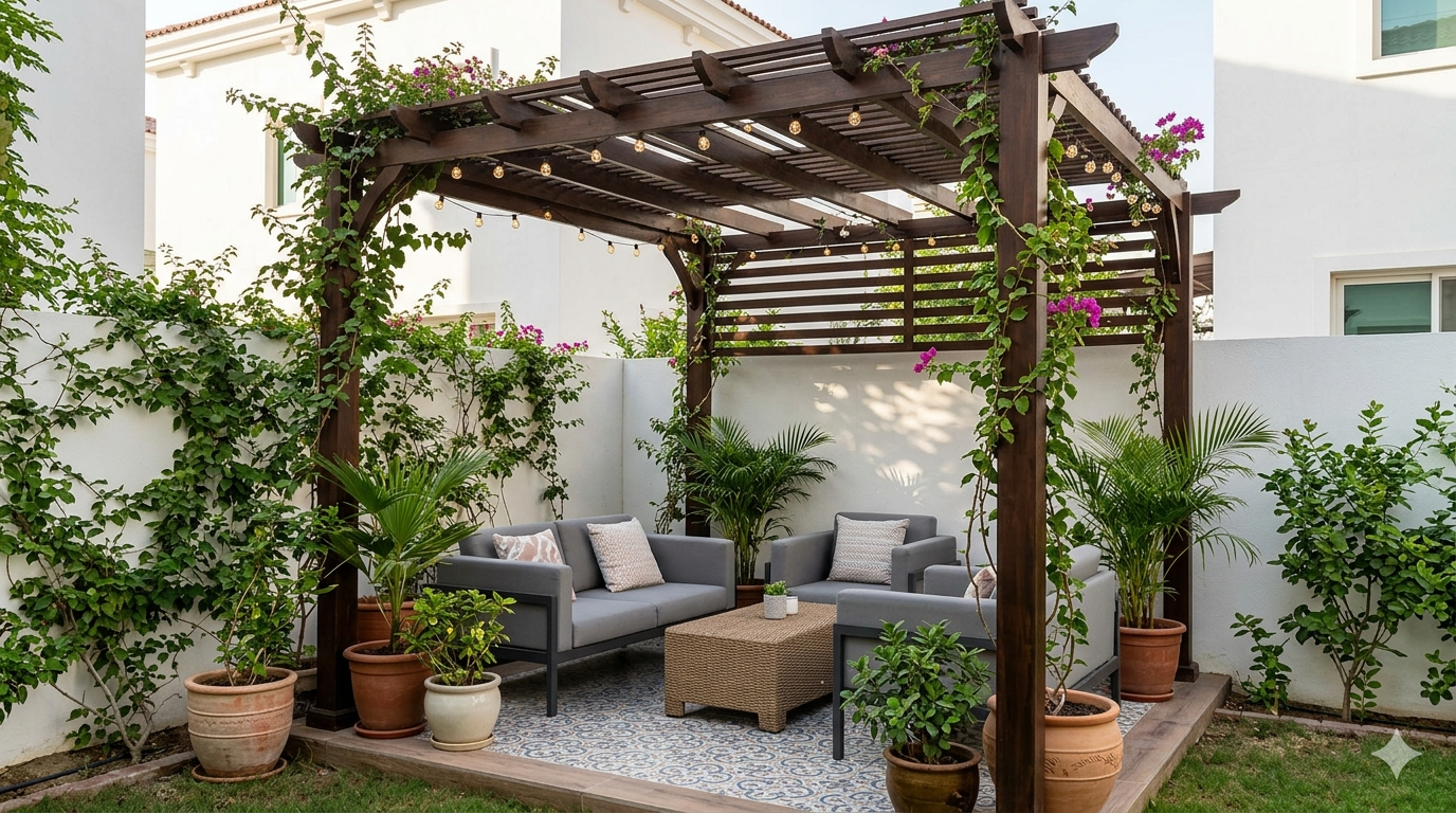 A stylish dark wood pergola installed in a small villa garden in Dubai, featuring a compact seating area with gray sofas, potted plants, and decorative string lights.