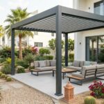 Strong pergola installed in a villa outdoor space without landscape damage