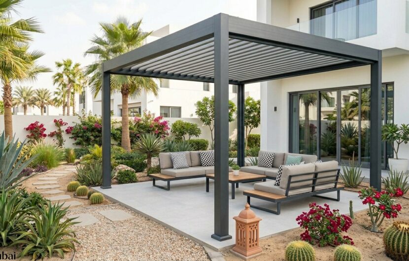 Strong pergola installed in a villa outdoor space without landscape damage