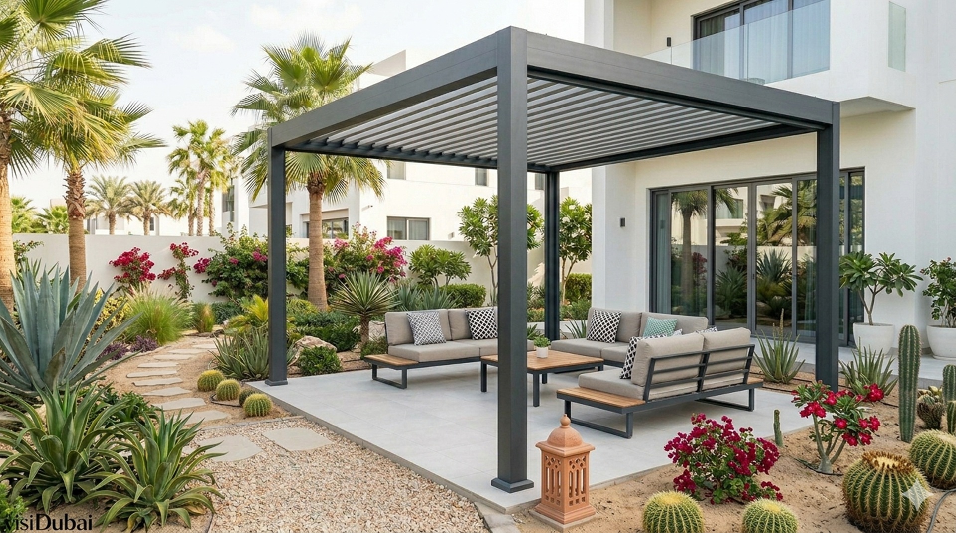 Strong pergola installed in a villa outdoor space without landscape damage