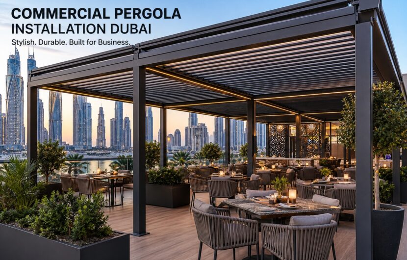 Modern commercial aluminum pergola installation in Dubai featuring outdoor restaurant seating with stylish shade structure and city skyline backdrop.