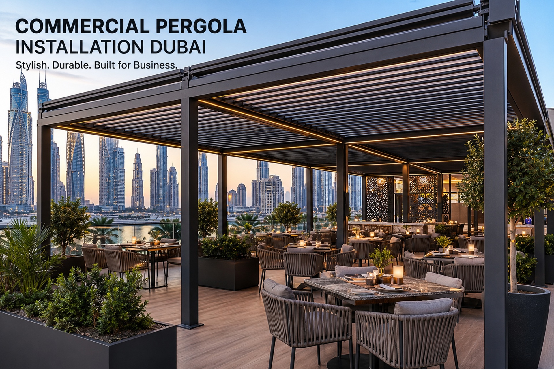 Modern commercial aluminum pergola installation in Dubai featuring outdoor restaurant seating with stylish shade structure and city skyline backdrop.