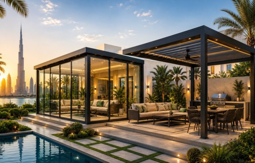 Glass room and aluminium pergola installed at a modern Dubai villa.