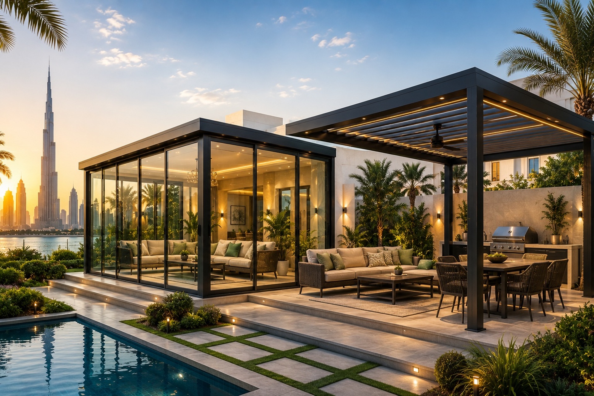 Glass room and aluminium pergola installed at a modern Dubai villa.