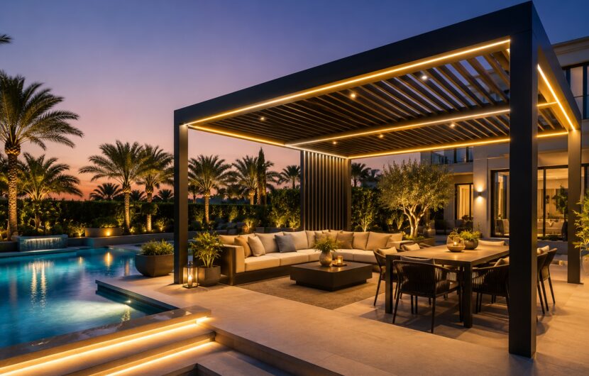 Modern aluminium pergola with integrated LED lighting beside a luxury villa swimming pool in Dubai during the evening.