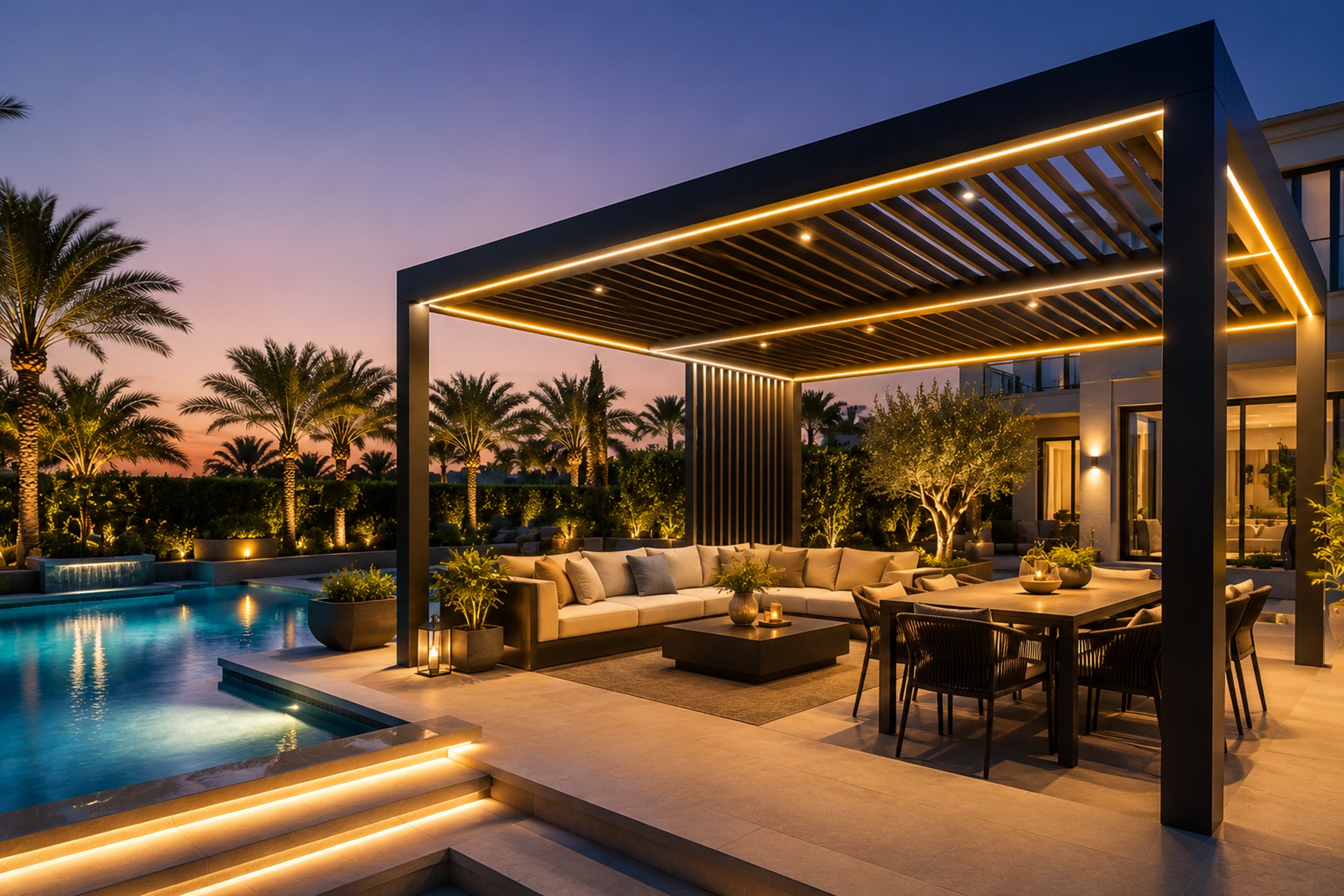 Modern aluminium pergola with integrated LED lighting beside a luxury villa swimming pool in Dubai during the evening.
