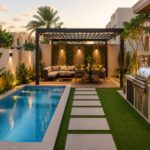 Small backyard with pool, pergola and BBQ area