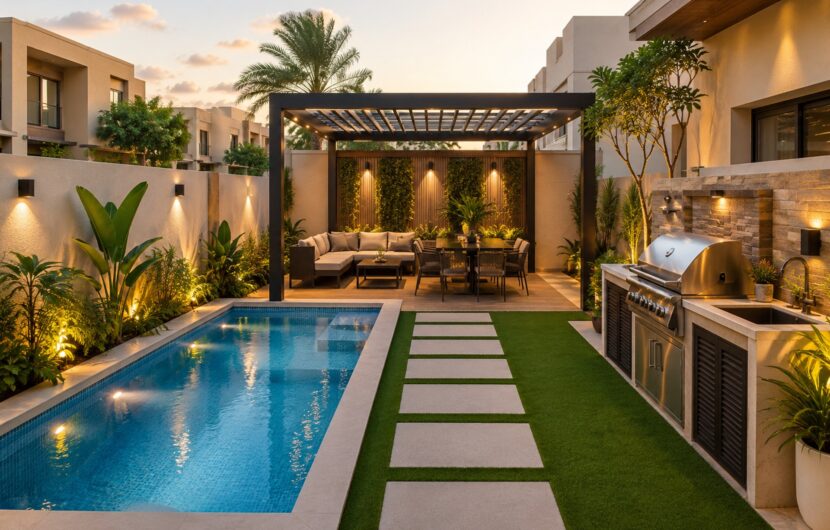 Small backyard with pool, pergola and BBQ area