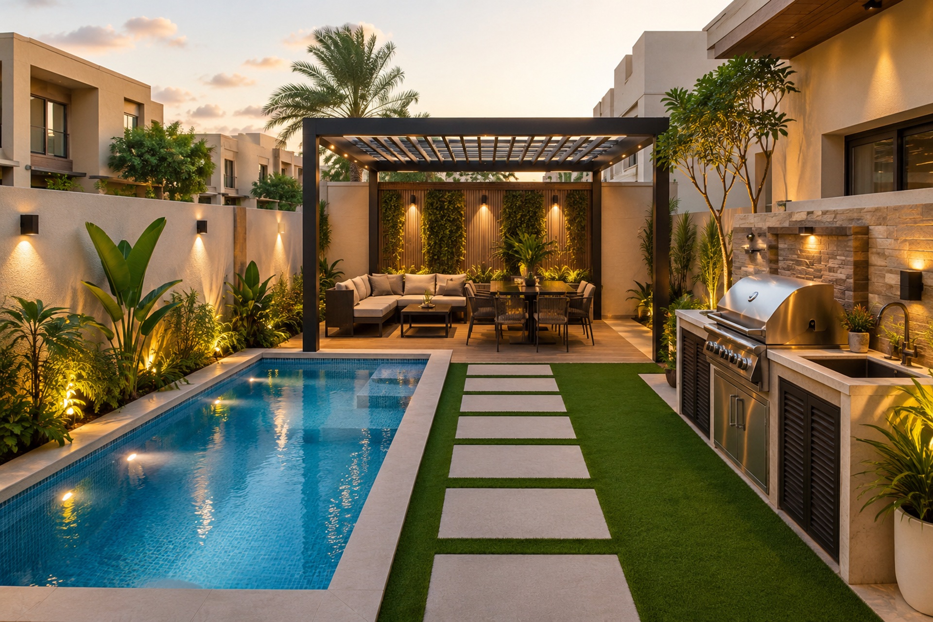 Small backyard with pool, pergola and BBQ area
