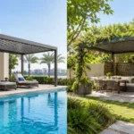 Aluminium pergola providing shade beside a Dubai villa pool