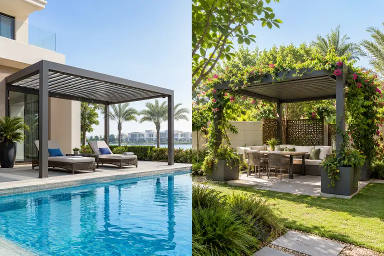 Aluminium pergola providing shade beside a Dubai villa pool